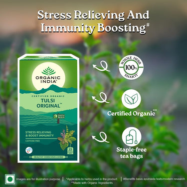 A TATA Product - Organic India Tulsi Original - 25 Tea Bags, Caffeine-Free Herbal Tea with Tulsi, Natural Detoxifier, Rich in Antioxidants, Convenient Staple-Free Bag